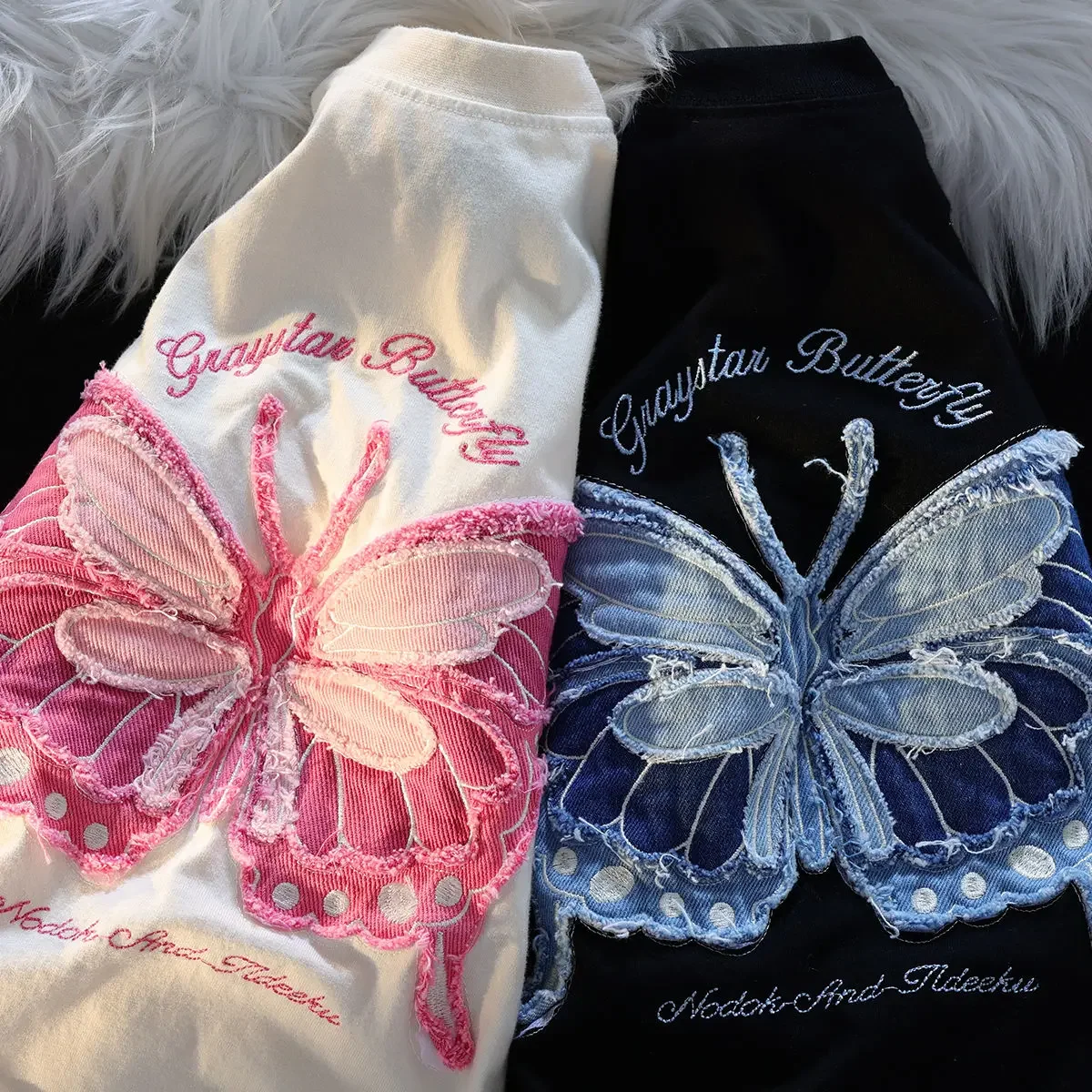 Pure cotton milk system butterfly embroidery couples short sleeved T-shirt female summer ins versatile college wind on clothes