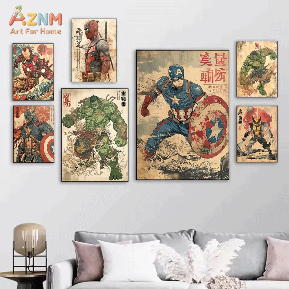 AZNM Ukiyo‑e Style Marvel Superhero Collage Frameless Canvas Wall‑Art Iron Man Wolverine Spider‑Man Vintage Oriental Watercolo