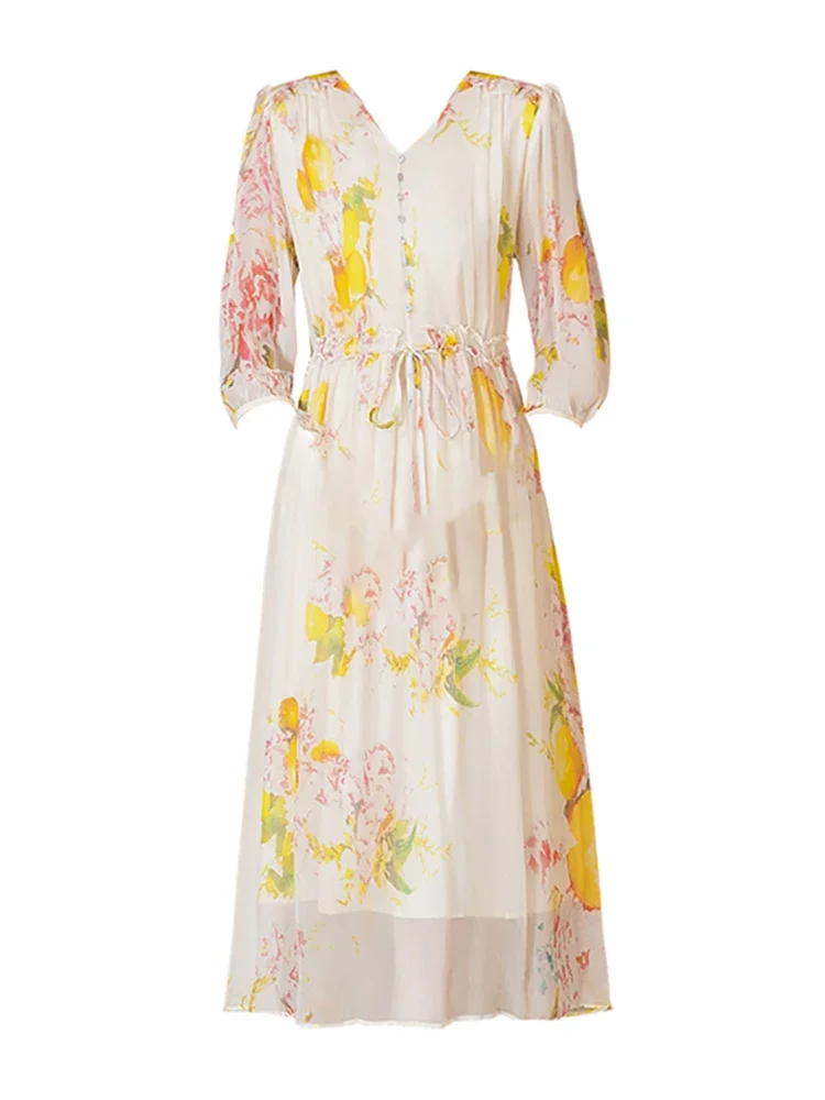 비치 스타일 꽃 실크 붕대 여성을위한 캐주얼 롱 드레스 여름 우아한 느슨한 휴일 드레스 2025 한국어 패션 이브닝 드레스