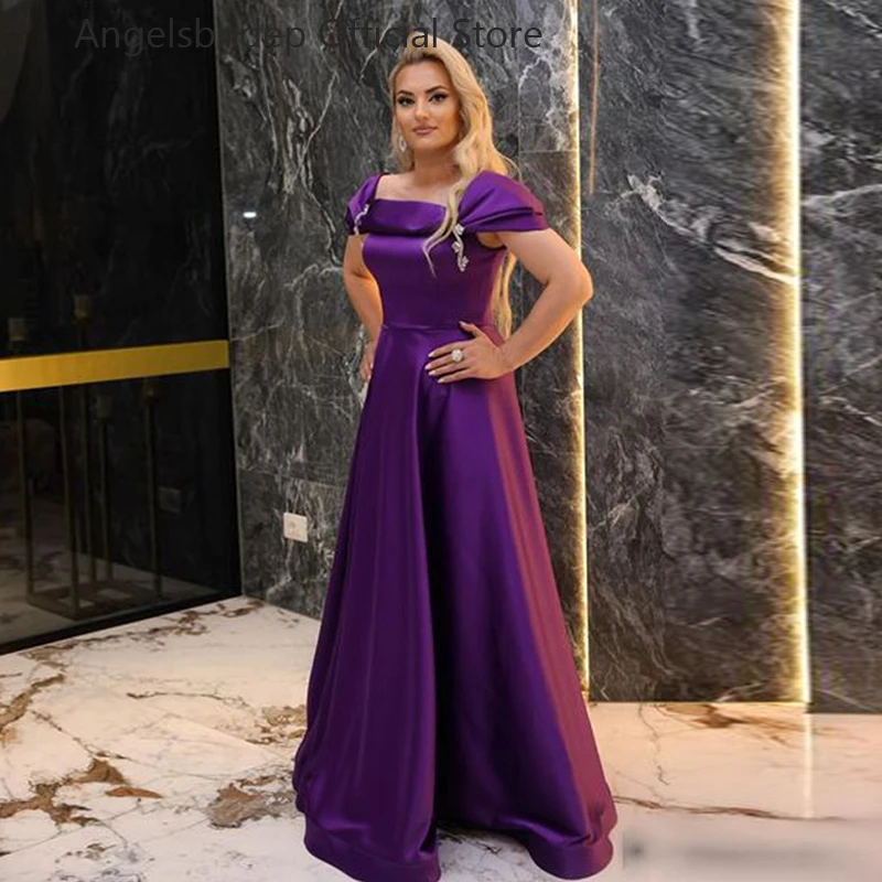 

Angelsbridep Purple Satin Prom Dresses Short Cap Sleeves Cocktail Dresses Robe De Soirée Sparkly Crystals Vestido De Graduación