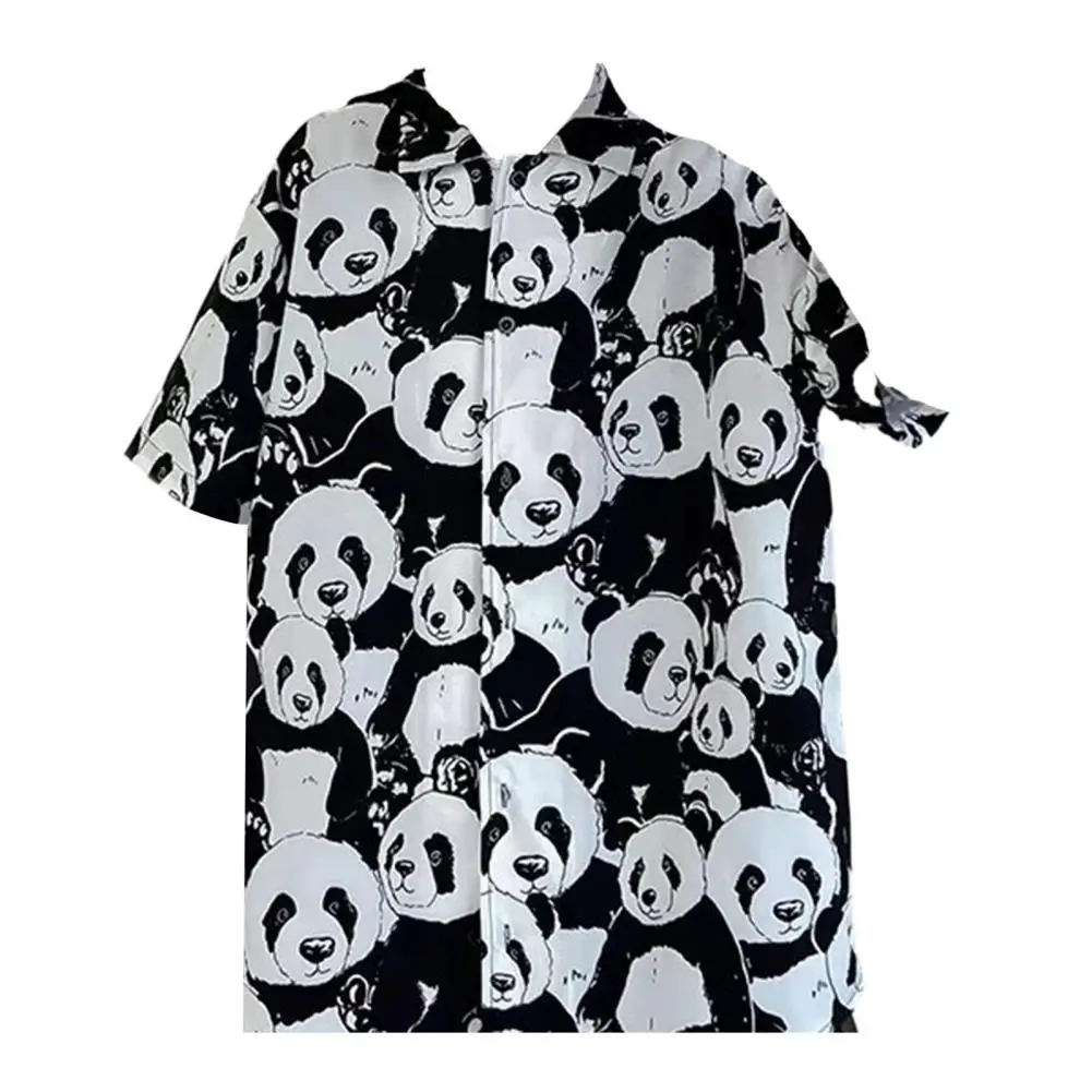 Camisa de lapela impressa panda masculina, manga curta, de peito único, solta, streetwear de praia, verão