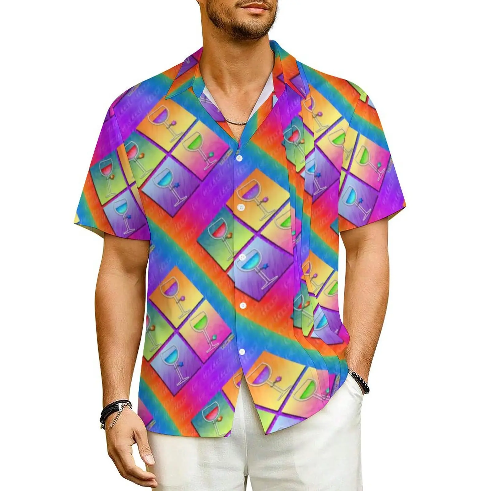 

Pop Art Wine Casual Shirt Colorful Aesthetic Vintage Hawaiian Shirts Men Short-Sleeved Vacation Y2K Fashion Plus Size Blouses