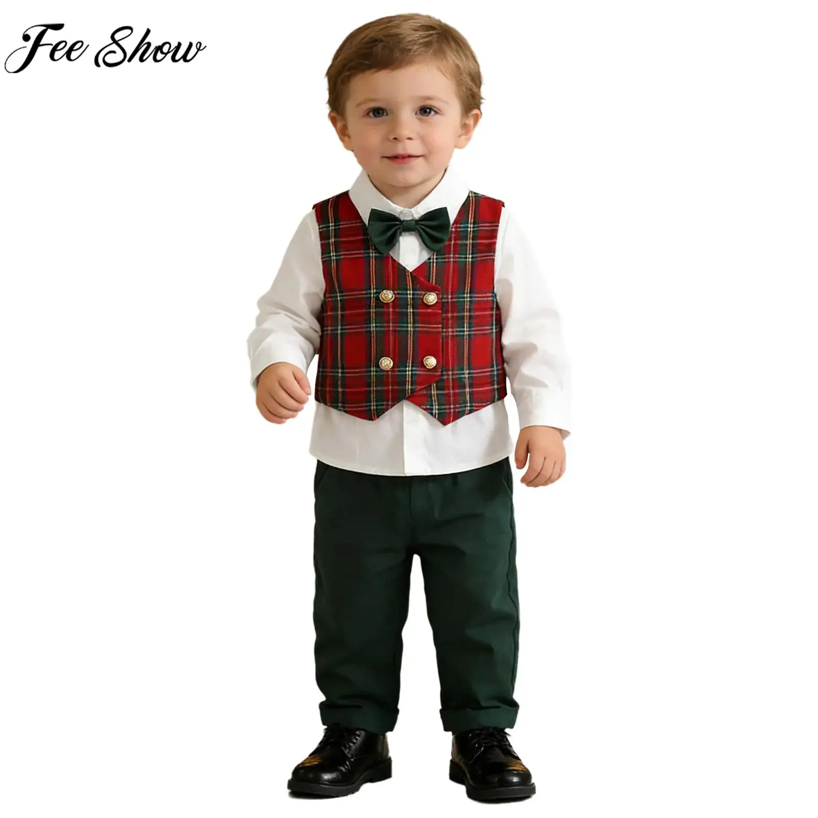 

Костюм джентльмена в британском стиле для маленьких мальчиков на Рождество, свадьбу, день рождения, рубашка с галстуком-бабочкой и клетчатым жилетом, комплект брюк