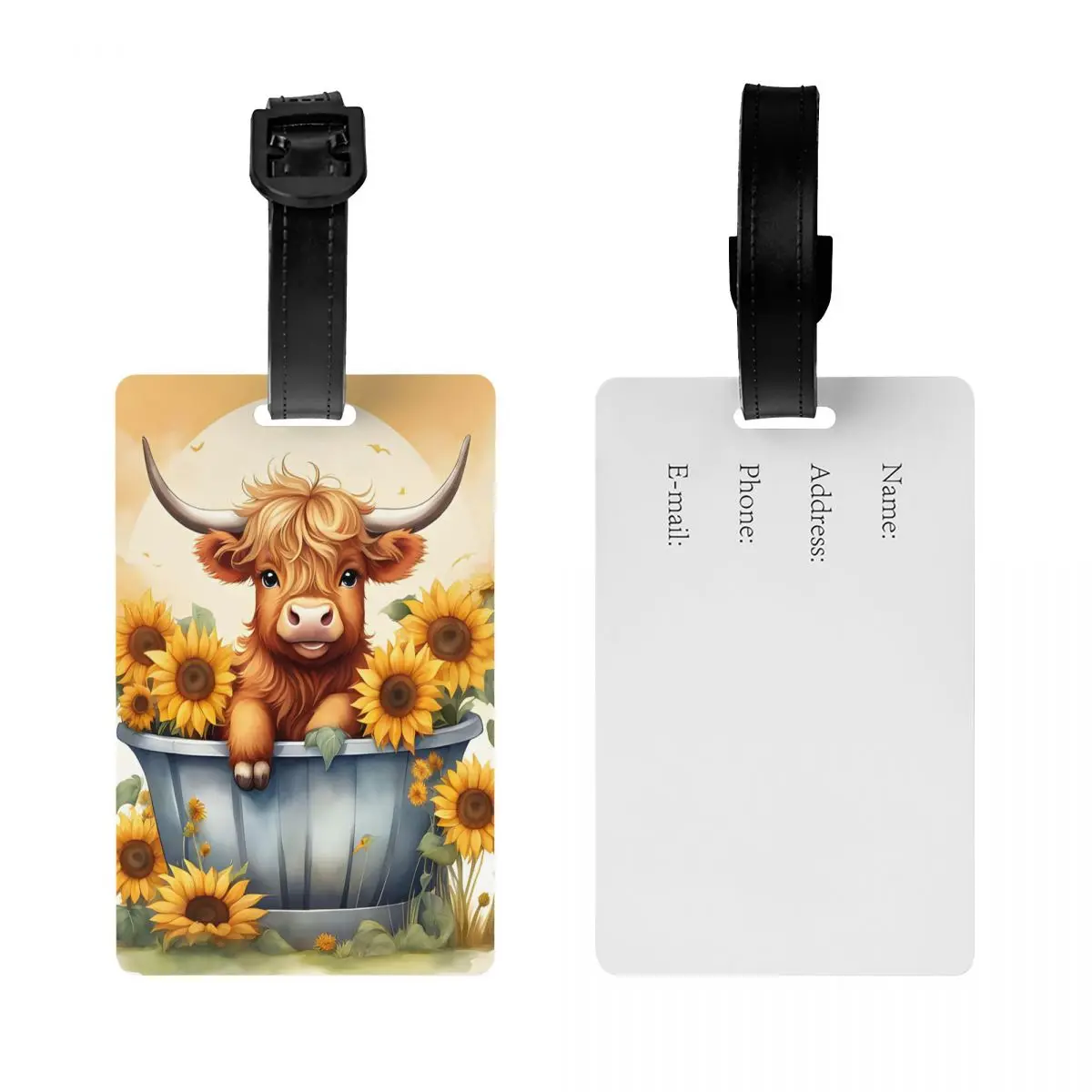 Custom Highland Cow And Flower Luggage Tags for Suitcases Cute Baggage Tags Privacy Cover ID Label