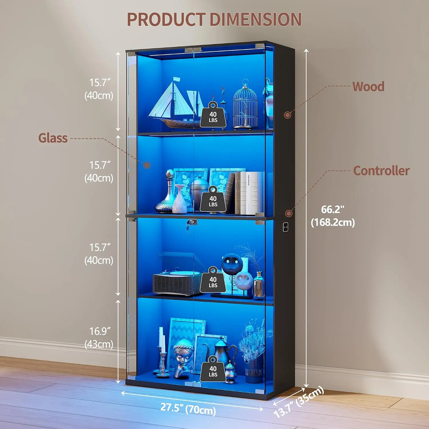Large 4 Tiers Black Locking Glass Display Cabinet Motion Sensor Led Lights Collectibles Legos Living Room Gift China Display Cas