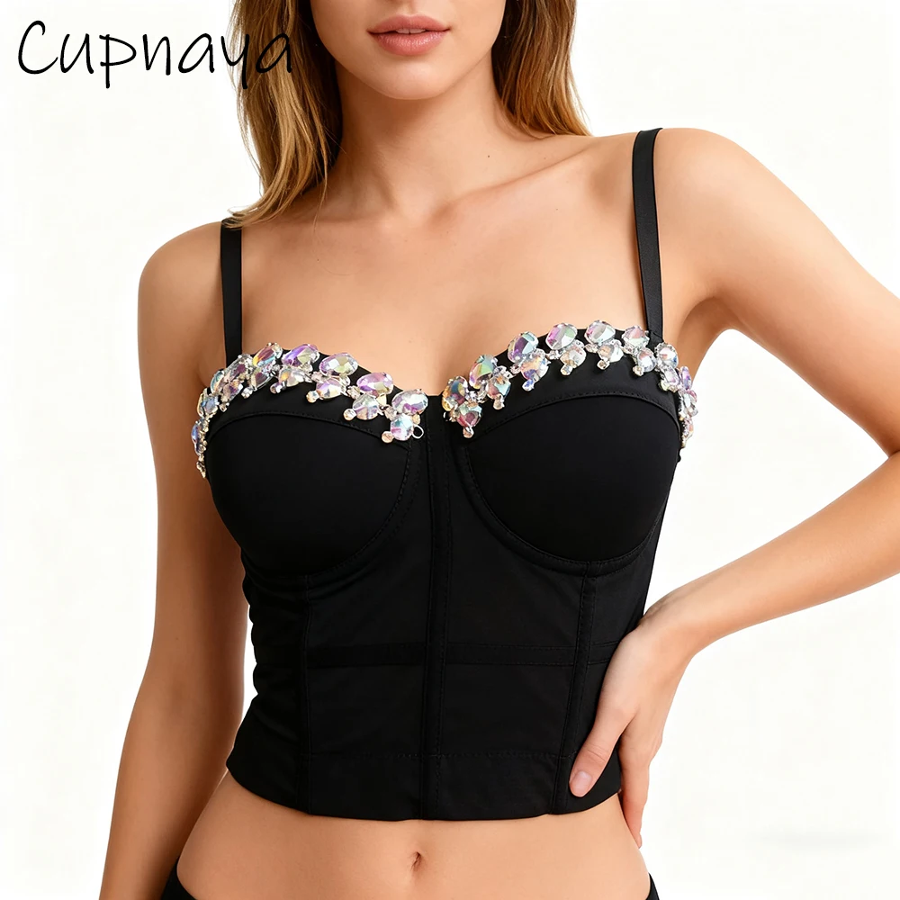 Cupnaya paillettes cristal femmes Polyester Spandex haut court Spaghatti sangle Bustier gaze Corset Bralette noir blanc rouge kaki
