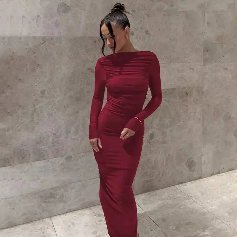 Sukienka damska na wiosnę 2026, seksowna, z wycięciem na plecach, modna, z falbankami, dopasowana, z długim rękawem, nowa sukienka na imprezę do klubu nocnego.