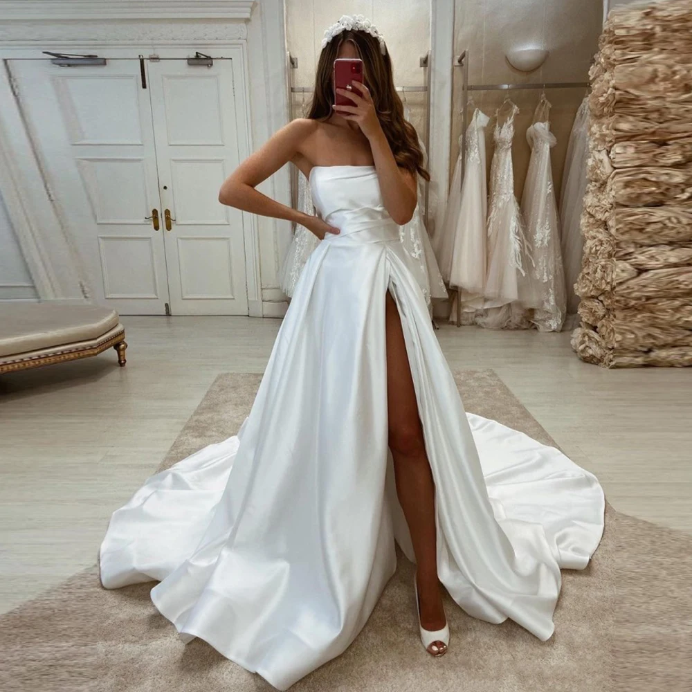 

Eightale Vintage Wedding Dress Boho Strapless High Side Slit A-Line Satin Princess Bridal Gowns White Ivory vestido de novias