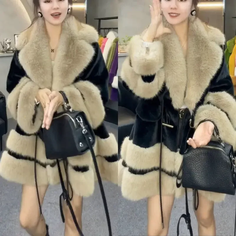 2024 Super Large Winter Women\'s Fur Coat Imitation Fox Windbreaker Flip Collar Fashion Trend Wool Cotton F369