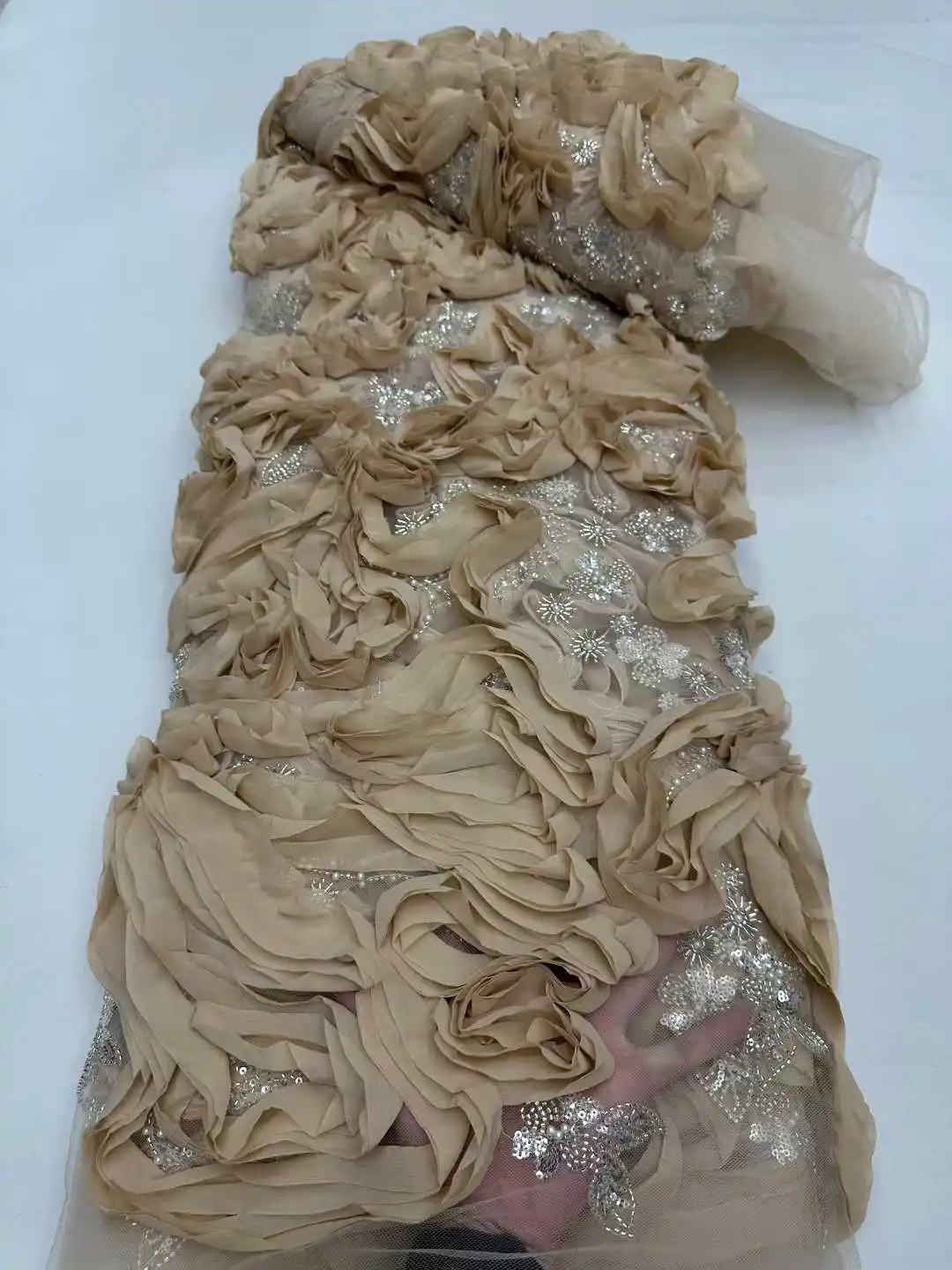 

African Lace Fabric 2026 High Quality French 3D Flower Peach Sequins Embroidery Beads Tulle Lace Fabric For Party Dress 5 Yard