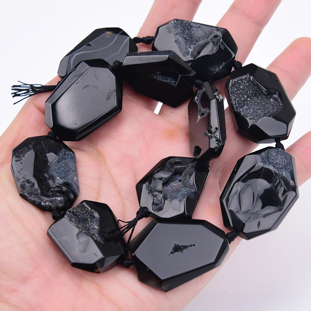 APDGG 22x34mm Natural Black Agate With Quartz Cutting Slice Pendant Loose Beads 16'' Jewelry DIY view 4