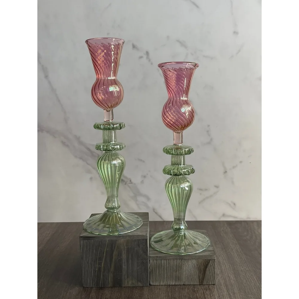 

Hand Blown Swirl Glass Candle Holder Set of 2, Tall Christmas Candle Holder Centerpiece,Candlestick Holder