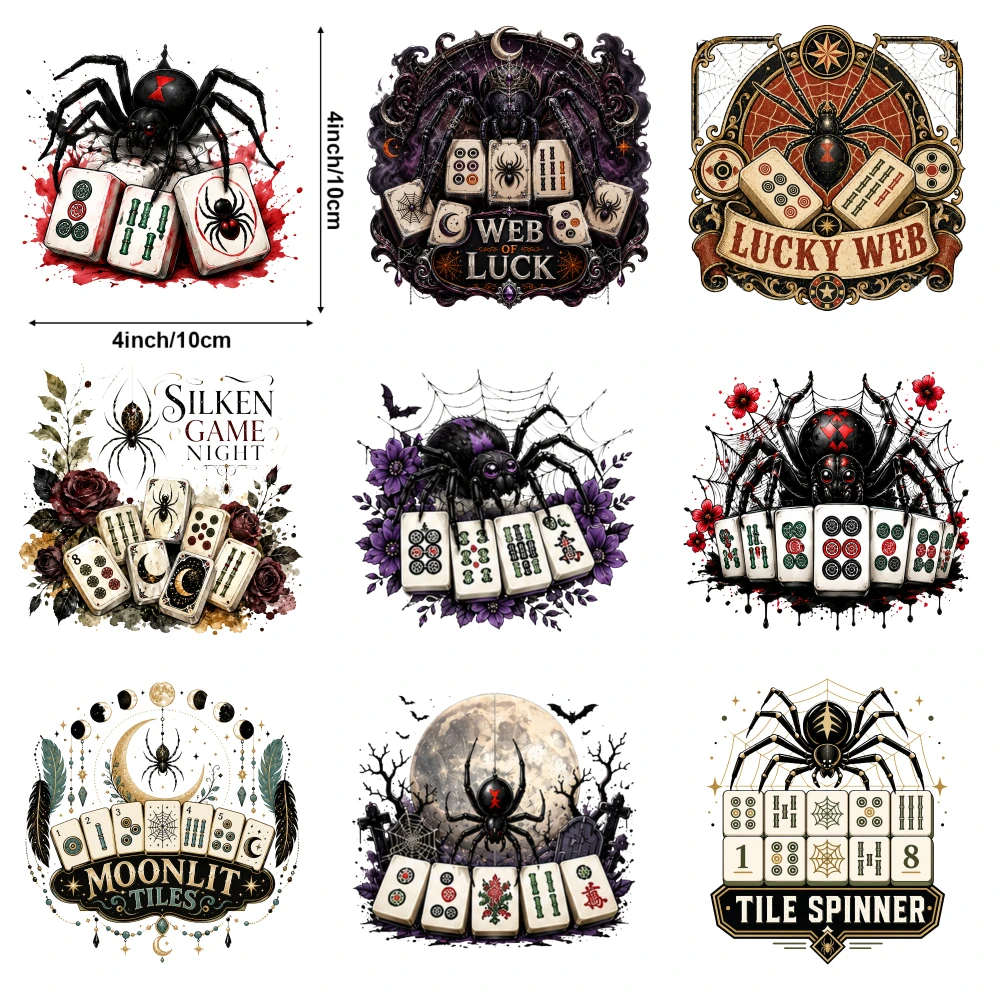 9 Pcs Spider Moon Web Gothic Mahjong Tile Iron on Transfers Heat Press Patches Washable Stickers Casual Style