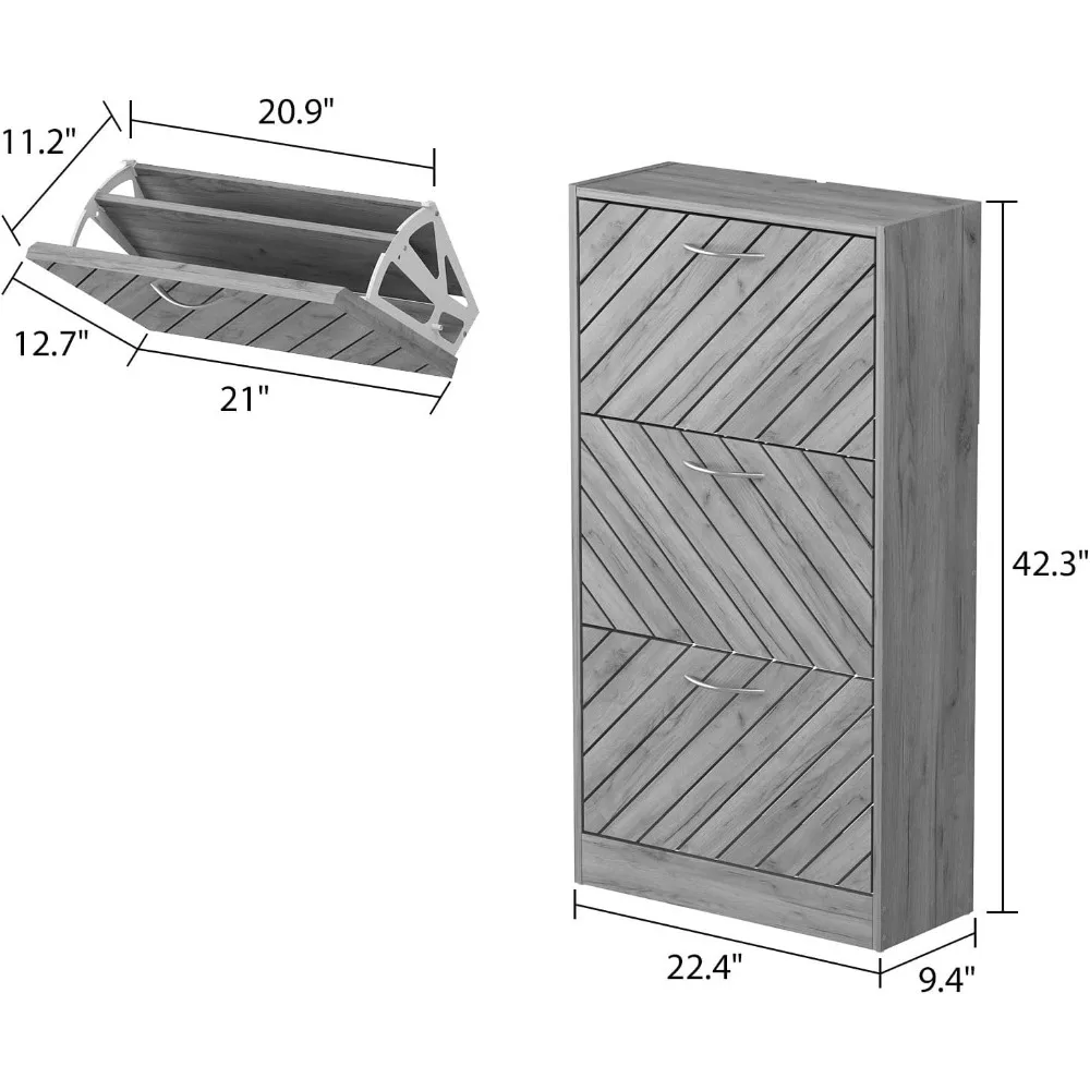 Zapatero moderno con 3 cajones abatibles, organizador independiente de almacenamiento de zapatos para pasillo, entrada gris (22,4 "W x 9,4" D x 42,3 "H)