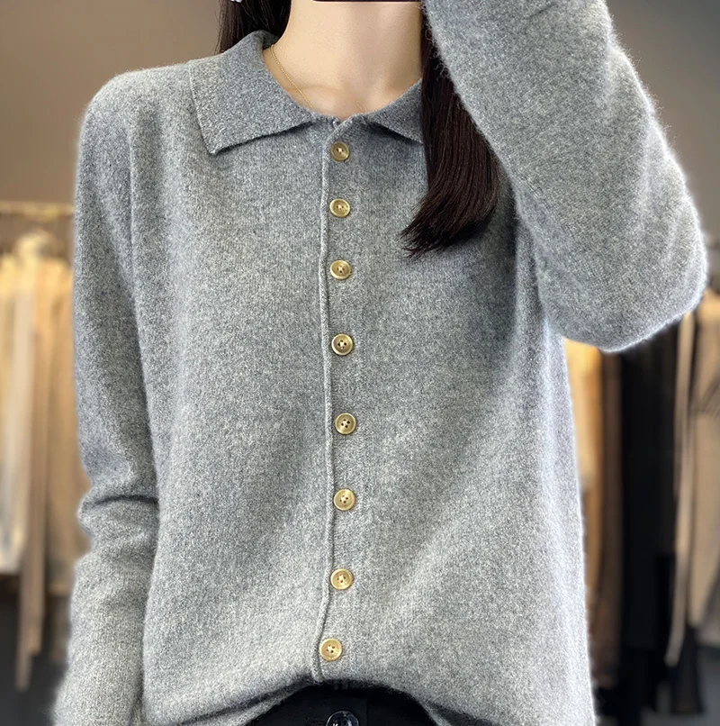 Knitted Cardigans for Women, 100% Merino Wool, Long Sleeve Sweaters, Warm and Soft Tops, 6Colors, Winter, 2023