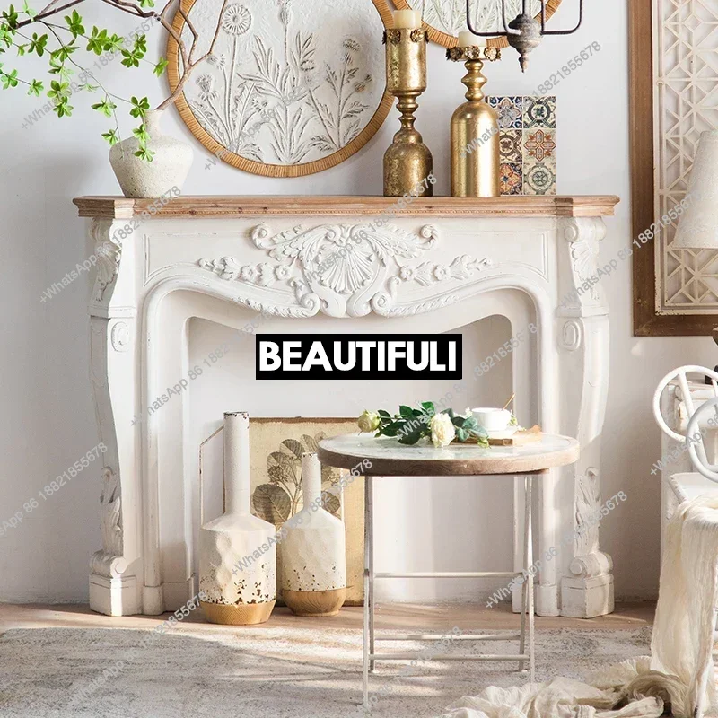 

French retro decoration cream style solid wood home living room against the wall entrance storage table