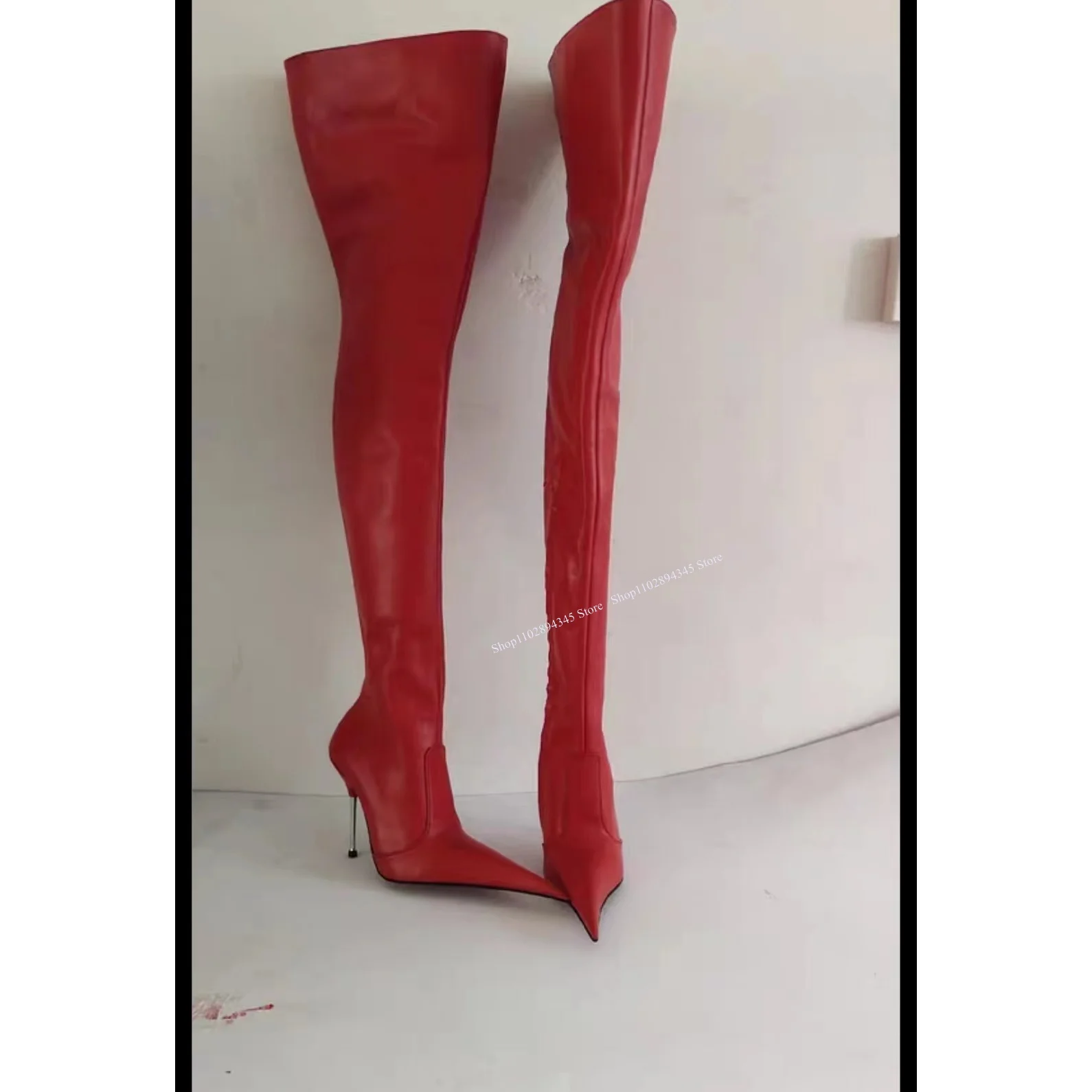 Red Over Knee High Real Leather Boots Pointed Toe Thin High Heel Cool Fashion Sexy Winter 2024 Woman Shoes Zapatillas Mujer