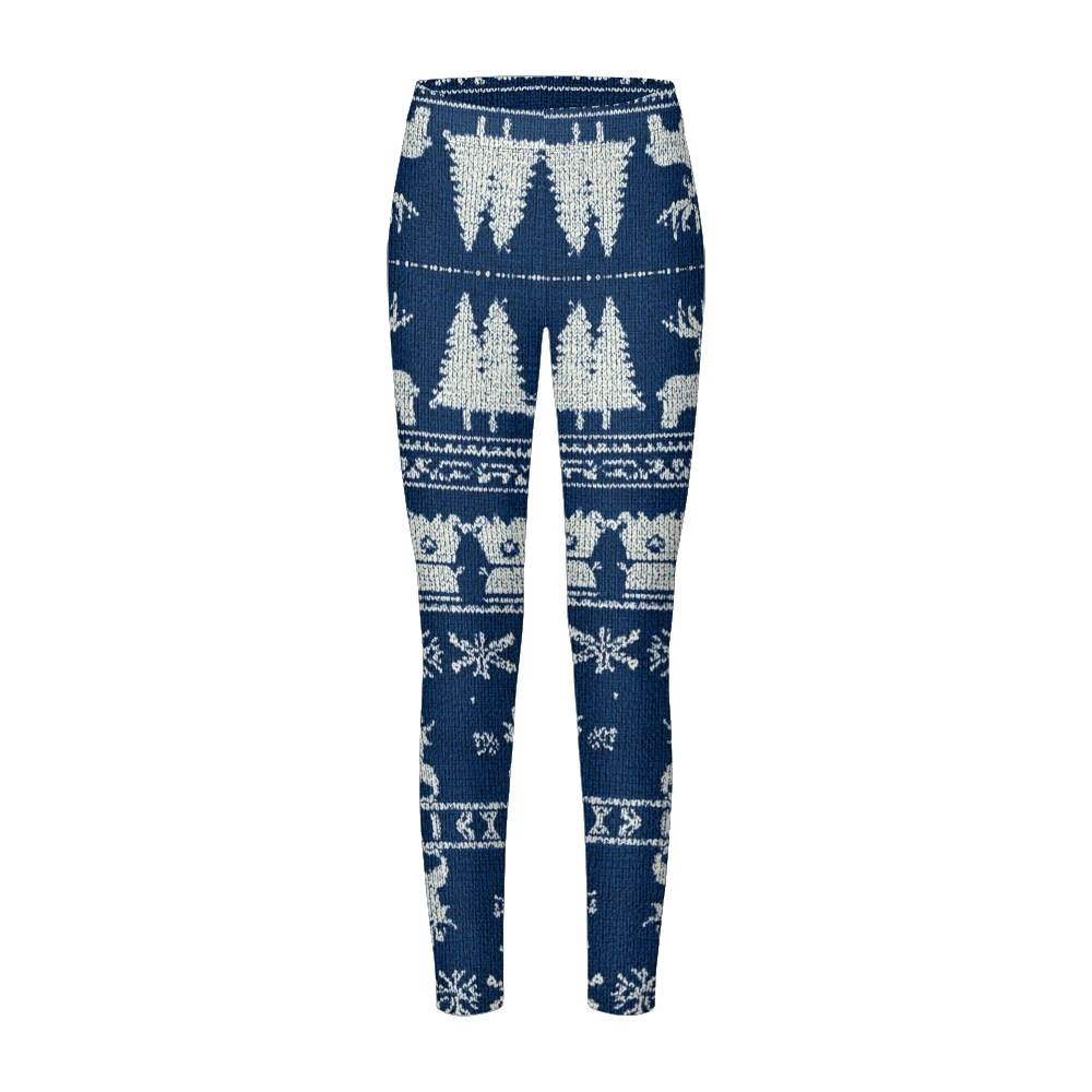 الشمال عيد الميلاد المطبوعة طماق للنساء قاعدة زرقاء عميقة مع الأبيض الرنة أشجار الصنوبر ندفة الثلج متماسكة نمط كامل طول #3