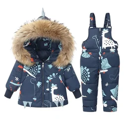 Kids Winter Jacket Cartoon Clothing Set Real Fur Collar  Boy Winter Coat Girls Outerwear Warm White Duck Down Feather 1-5Y