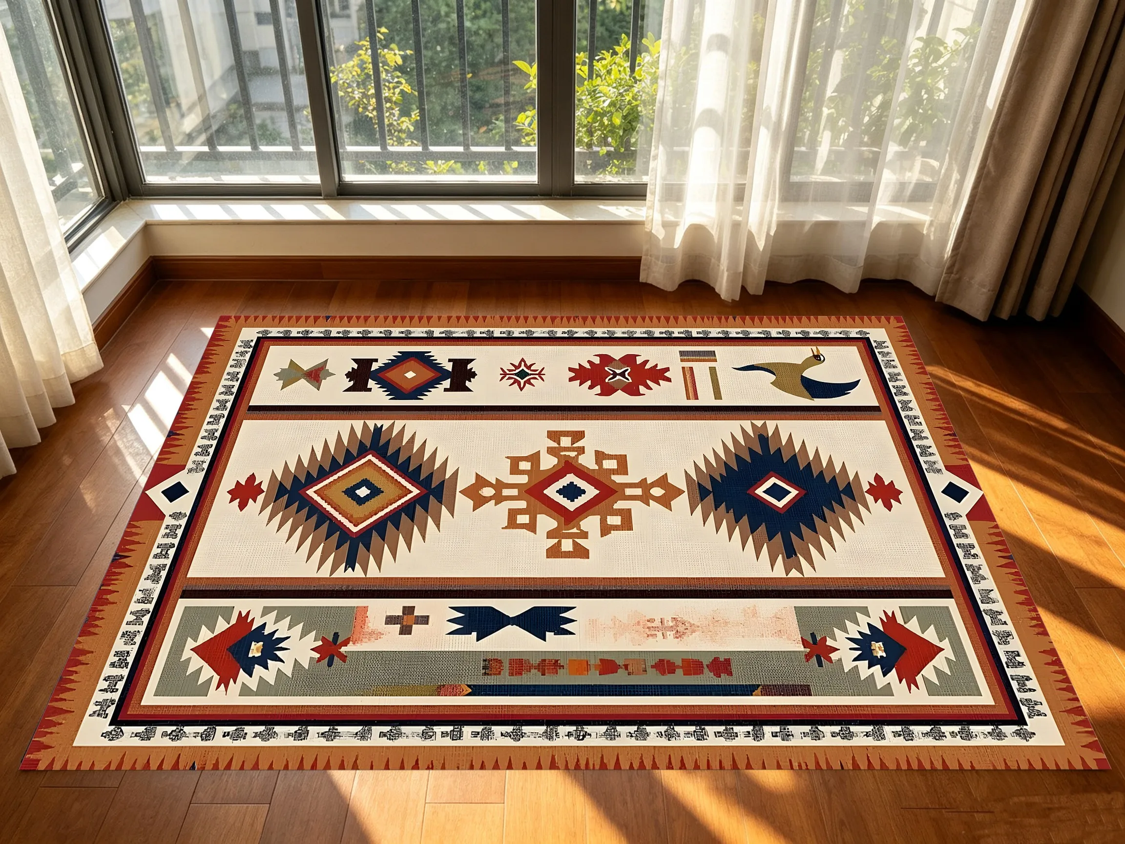 Bohemian Geometric Rhombus Bird Velvet Rug for Living Room, Bedroom & Guesthouse, Warm Exotic Retro Decor