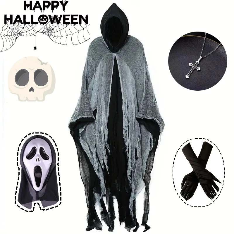 

Halloween Hooded Cape Costume Cosplay Skeleton Ghost Cos Gloves Necklace Simulated Wound Dressing Role Play Outfit Adults
