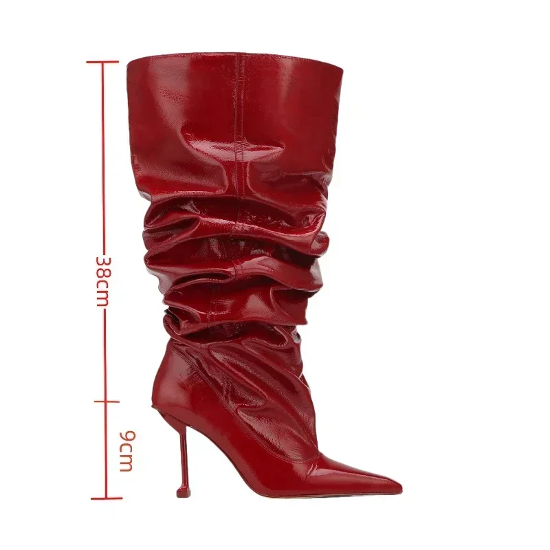 New Wrinkled Patent Leather Pointed High-heeled Stacked Boots with Large Tube Circumference, European and American Long Boots