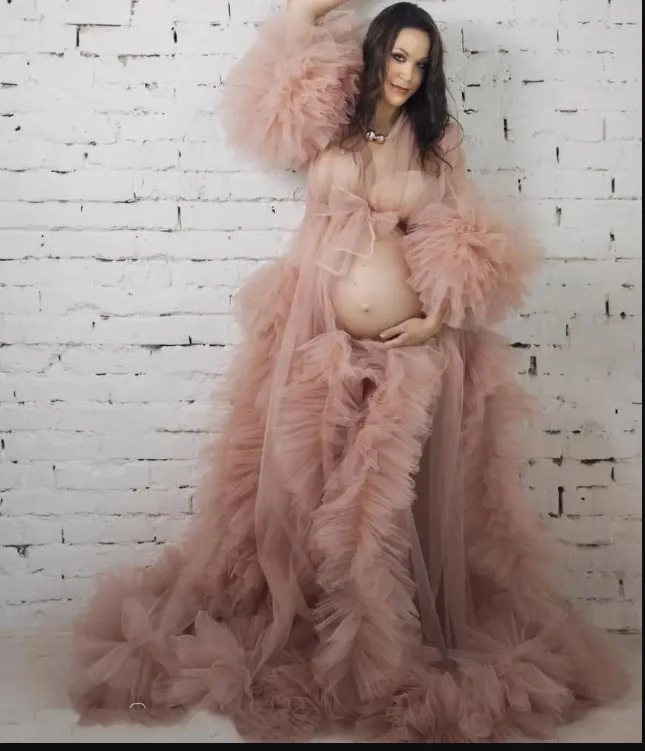 Pink Maternity Dresses Long Puffy Sleeves Pregnant Gowns for Photoshoot Front Split Babyshower Dress Tiered Ruffles Bridal Robe