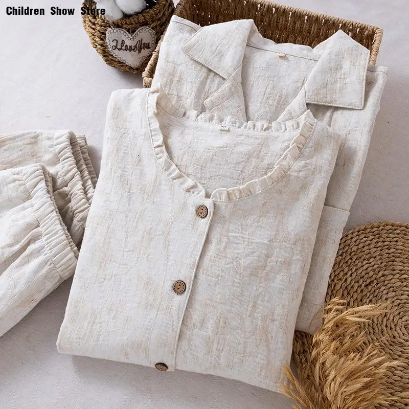 Autumn New Cotton Line Pajamas Women Sleepwear Couple Home Clothes Nightwear Long Sleeve Outfit Single Breasted Loungewear
