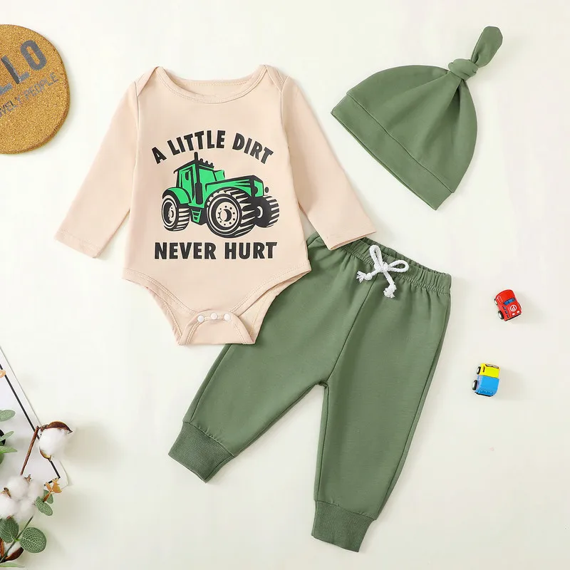 

RUEWEY Baby Boy Pant Sets Spring Autumn Clothes Tractor Long Sleeve Bodysuit and Elastic Pants Beanie Hat Set Baby Clothing