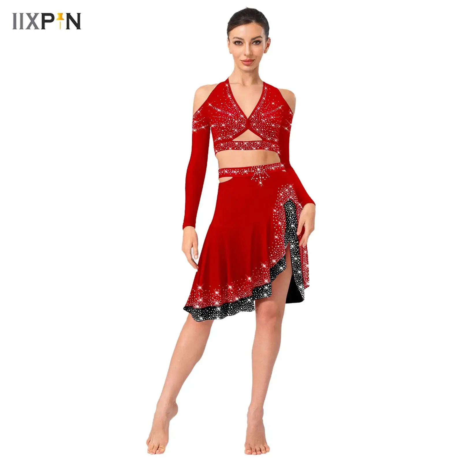 

Women's Jazz Latin Dance Costumes Shinny Rhinestones Halter Long Sleeve Deep V-Neck Backless Crop Top Sides Cut Ruffled Skirt