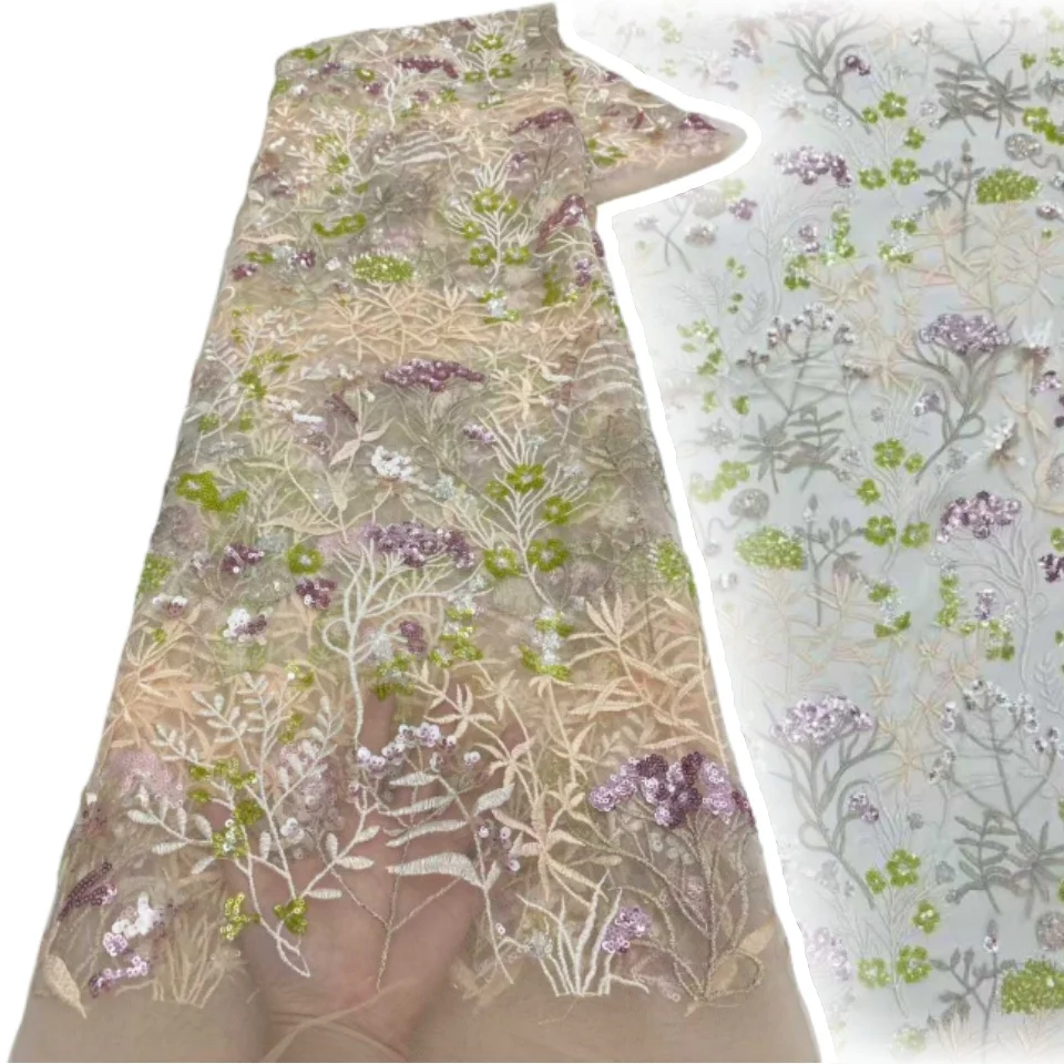 

African Tulle Lace Fabric 2025 French Sequins Fabric Sewing Embroidery Lace Tulle Mesh Nigeria Dress 5 Yards Dress Sewing AH1659