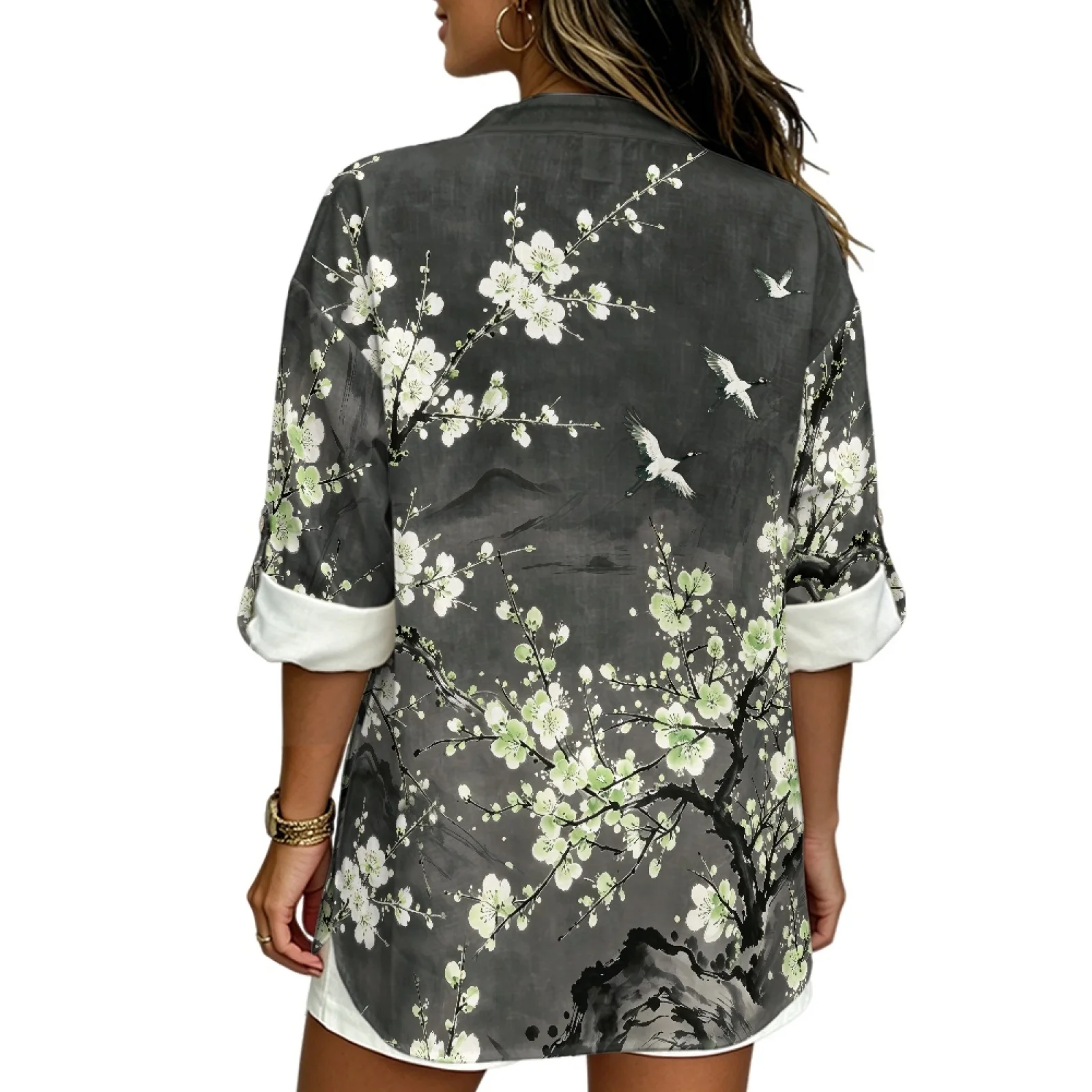 PENSTROLL Linen Like Women Blouses with Crane Flower Print Rolled Cuffed Long Sleeve Tops for Fall Party Outings, Sizes S-5XL
