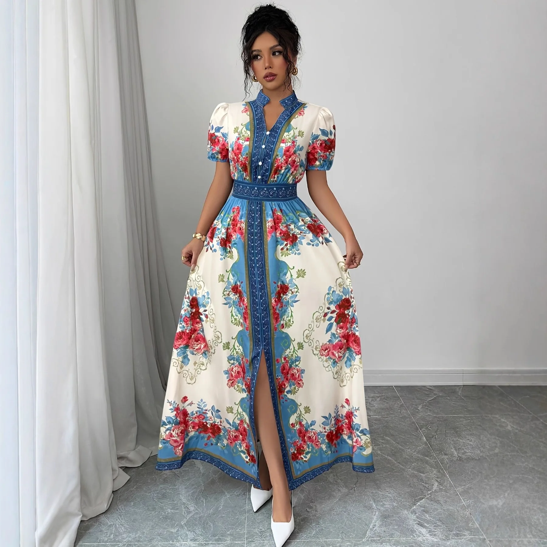 Elegant Stand-up Collar Floral Dress With Puff Sleeves, Waist-cinching, Slimming, Suitable For Seaside Vacations And Beach Wear