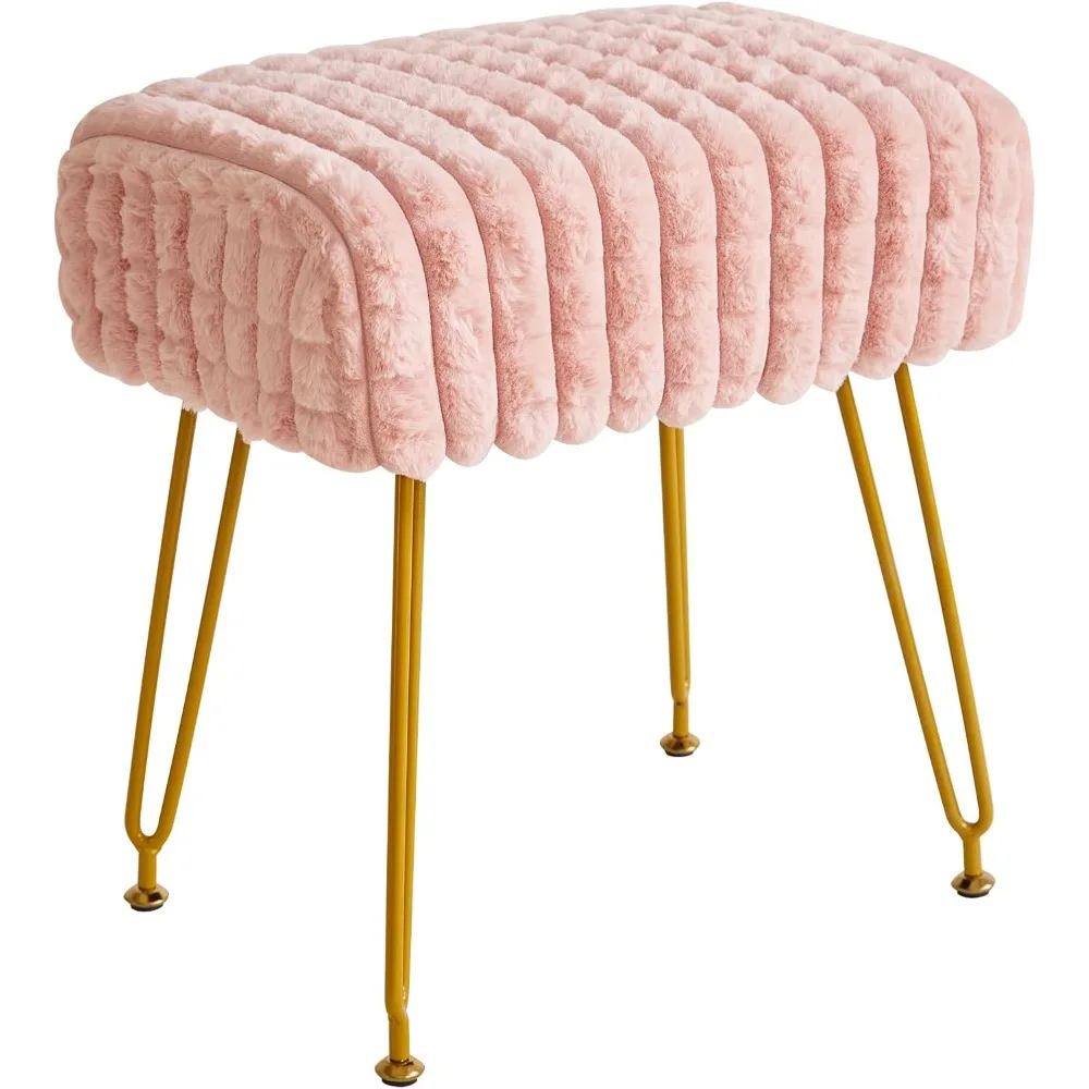

Rectangular velvet dressing stool with seat cushion and four metal legs, adjustable legs and square grid pattern, pink