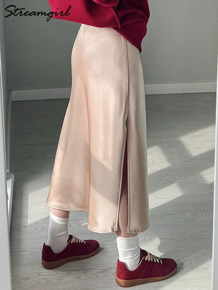 Streamgirl Office Black Midi Skirts For Women High Waist Elegant Silk Skirt Ladies Solid Women Satin Skirt With Slit On The Side