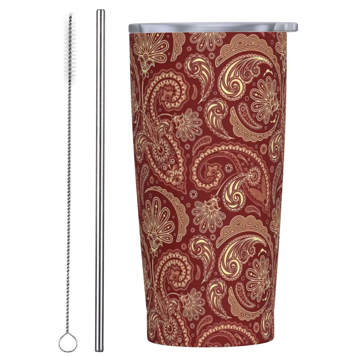 Stainless Steel Tumbler Red Paisley Mugs Cup With Straws Print Driving Cold Drink Water Bottle Keep Heat 20oz Thermal Cups