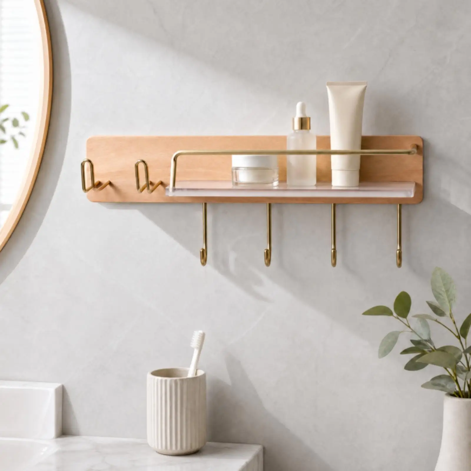 Wall Organizer Shelf for Hair Dryer Storage Beech Wood Brass Bathroom Rack with Hooks for Cosmetics Toothbrush Holder