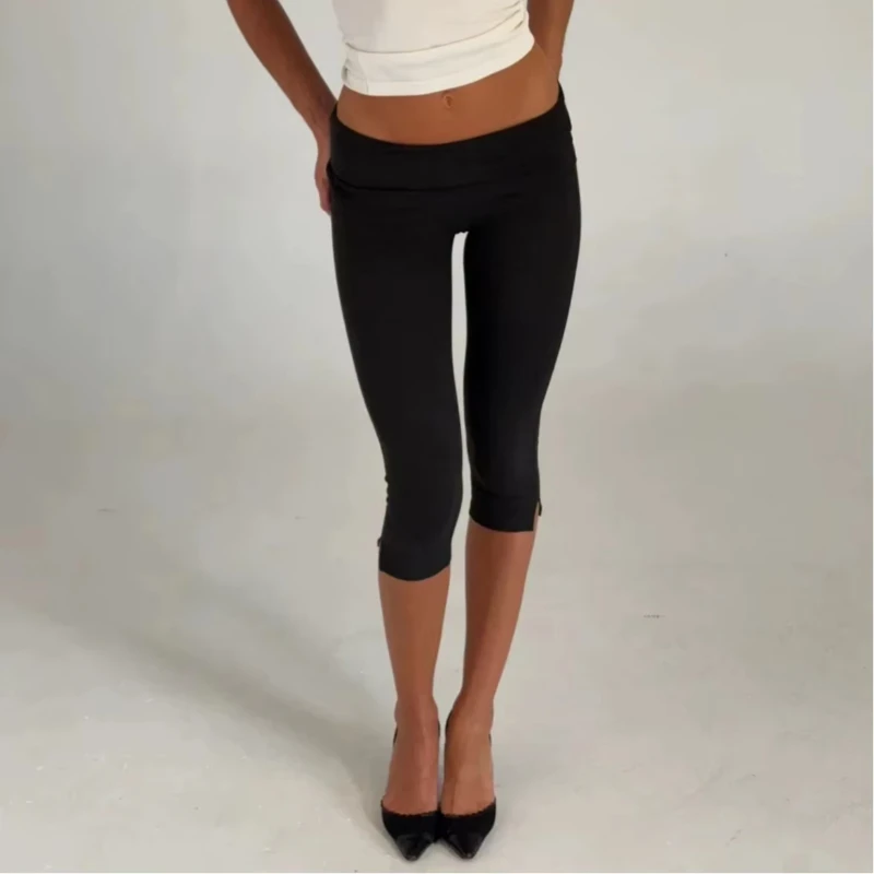 

Individuality Low Rise Split Hem Length Skinny Pants Women Solid Fold Over Capri Leggings Casual Summer Streetwear Yoga Pants