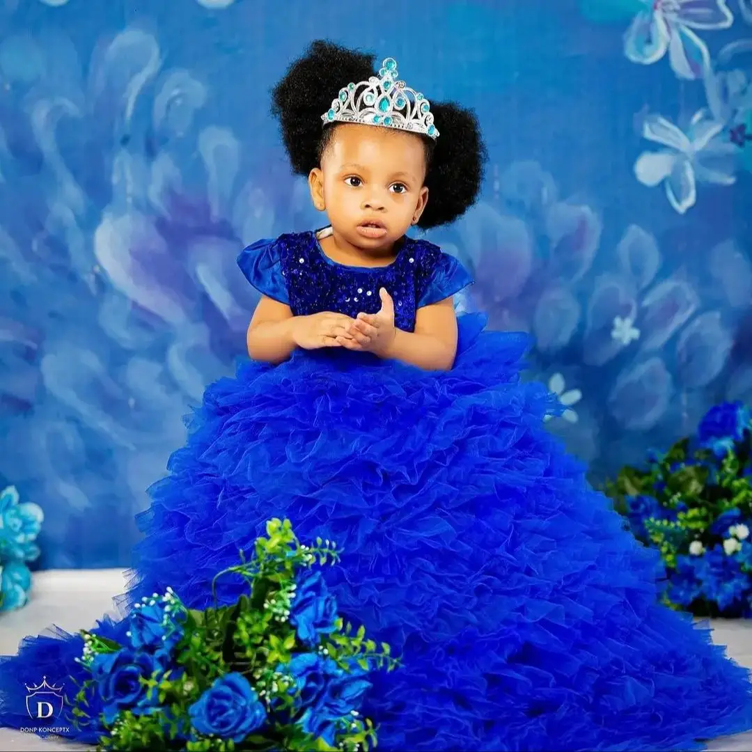 Vestido de menina flor em camadas azul real para casamento sem mangas tule até o chão bebê aniversário noite primeira comunhão vestido de baile