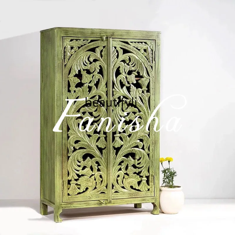 French hollow carved solid wood wardrobe double door old storage side cabinet