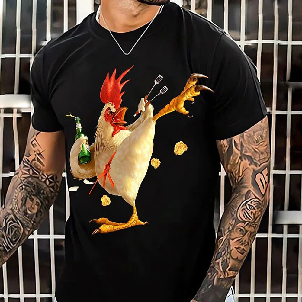 Boutique Cartoon Kung Fu Chicken Print Short Sleeve Men's Breathable Fitness T-Shirt Men's Summer Top Men's Football Sportswear