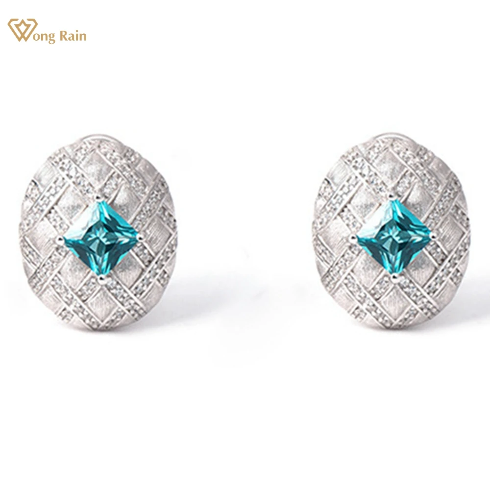 Wong Rain 925 Sterling Silver Oval Paraiba Tourmaline High Carbon Diamond Gems Vintage Ear Studs Earrings Fine Jewelry for Women