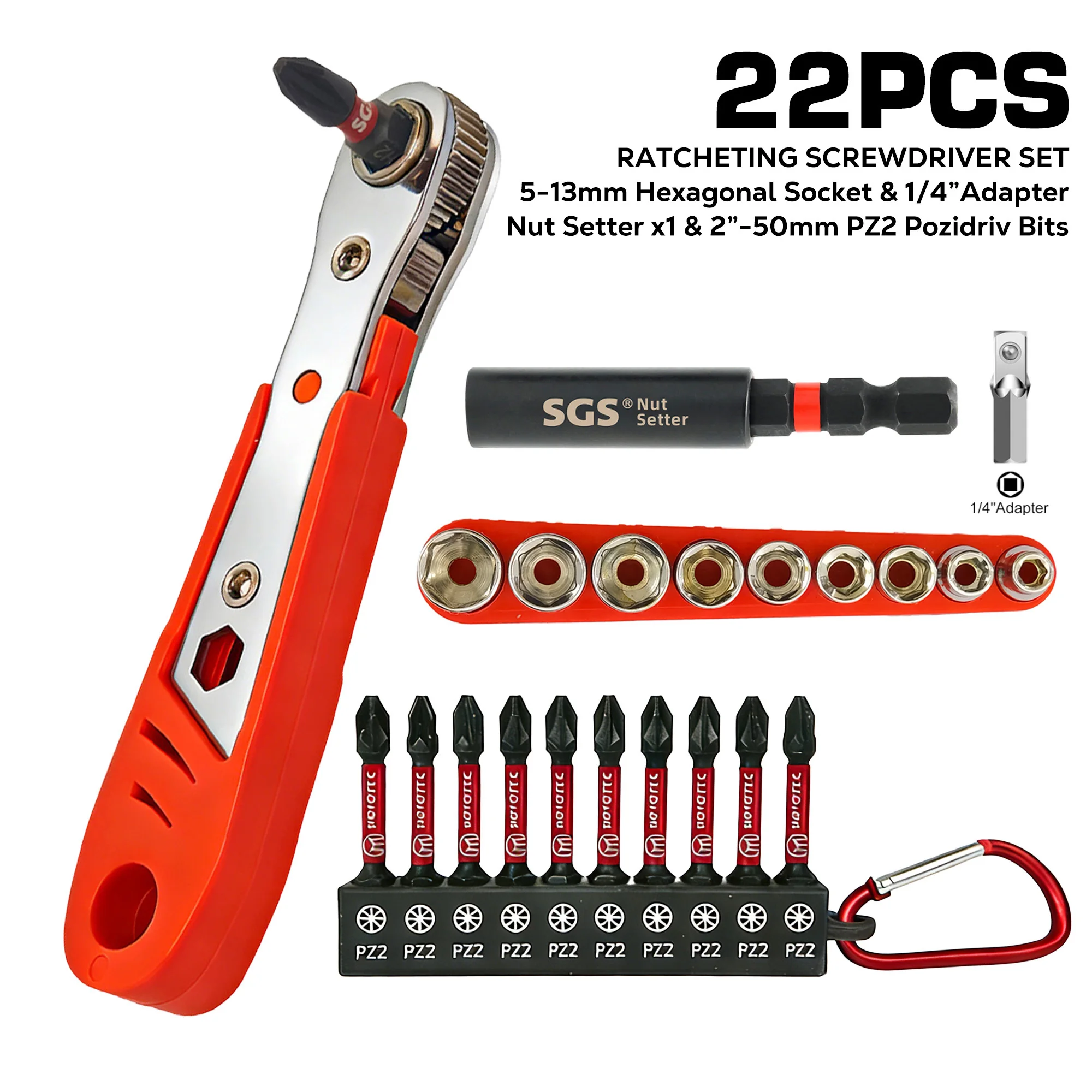 22 peças de pontas de chave de fenda magnéticas fortes resistentes ao impacto 50mm Pz/Torx + mini chave de catraca + soquete + adaptador de 1/4 polegadas + biela de 60mm, ferramentas de reparo de eletrodomésticos/reparo de carro
