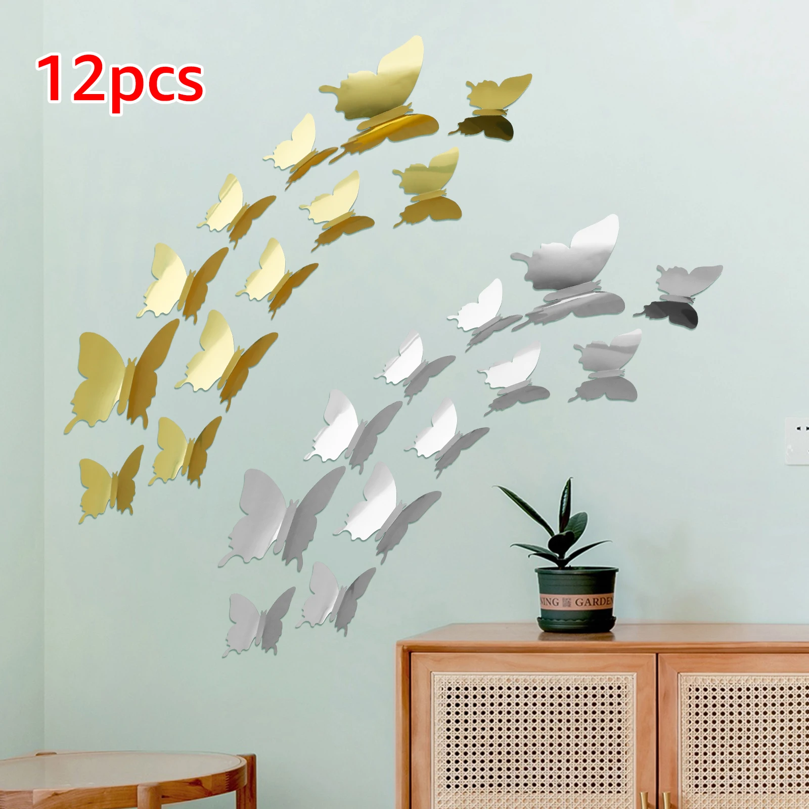 12pcs 3D Butterfly Wall Decor 3D Mirror Effect Butterfly Wall Stickers 3 Sizes Self-Adhesive 3D Butterfly Stickers Wall Decals