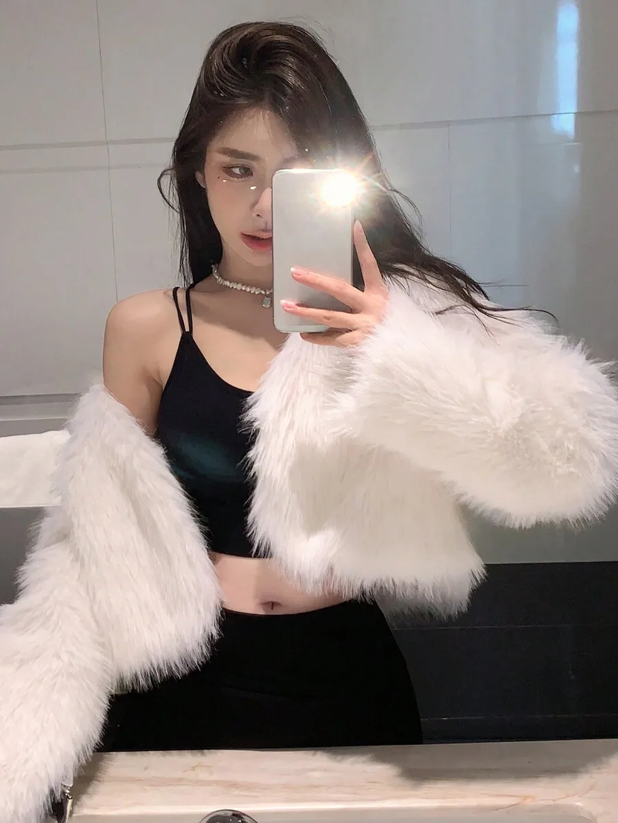 

Women's Fluffy Faux Fur Short Jacket - White, Oversized Sleeve, Crop Fit