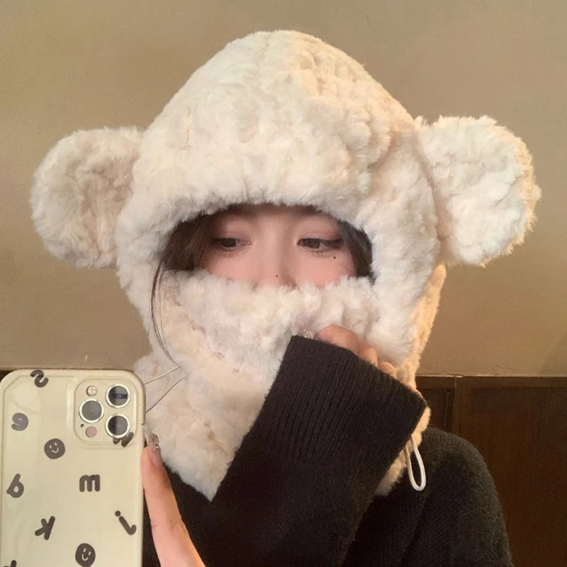 Balaclava em forma de cúpula bonito urso chapéu de pelúcia cachecol tudo-em-um inverno quente proteção de ouvido ushanka chinês lei feng chapéu