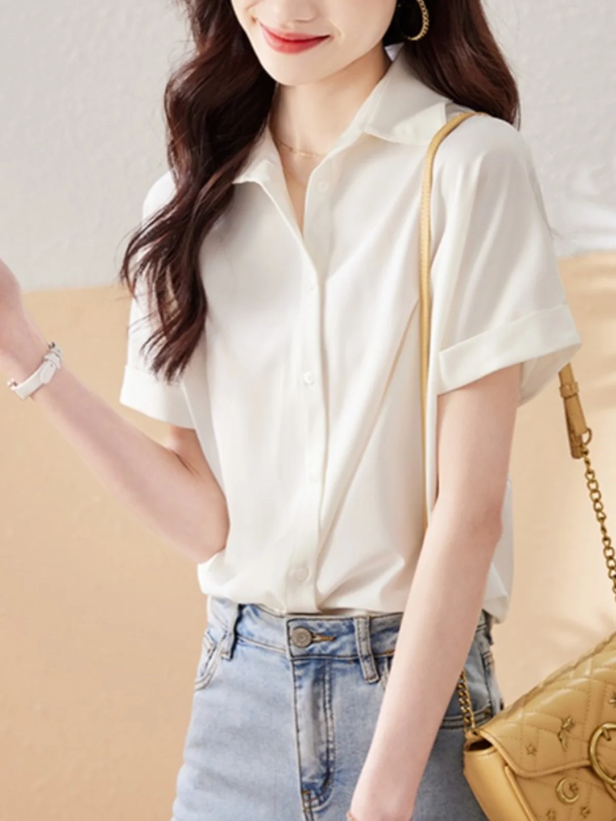 Summer Silk irt Commute Simple Faion Loose Slim ort Sve  Collar Top Korean Sle Regular Fit Pure Color