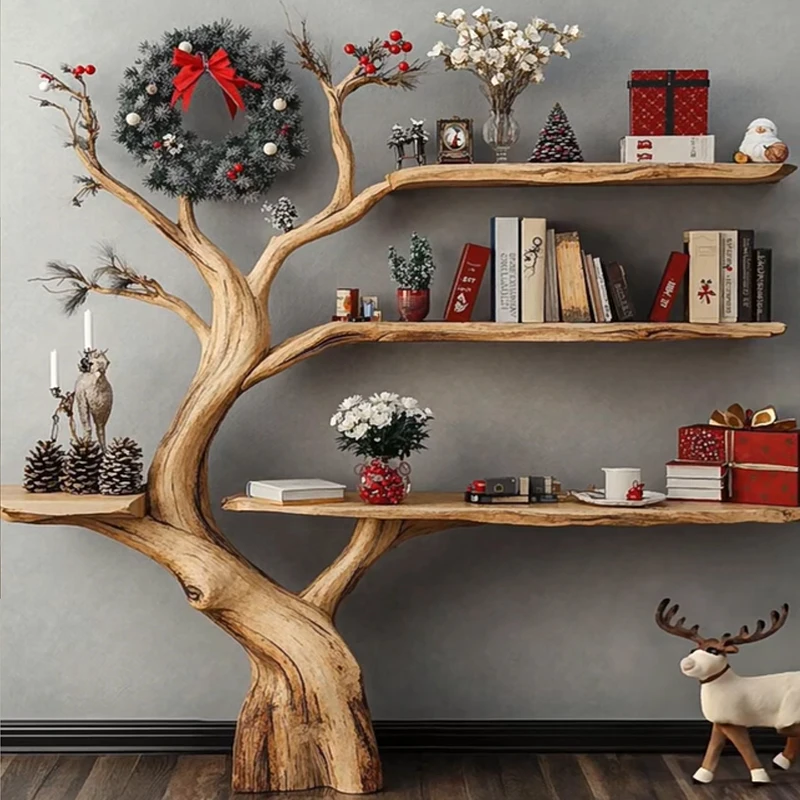 Rak Buku Kreatif Pohon Dinding Cabang Kayu Solid Rak Seni Pohon Besar