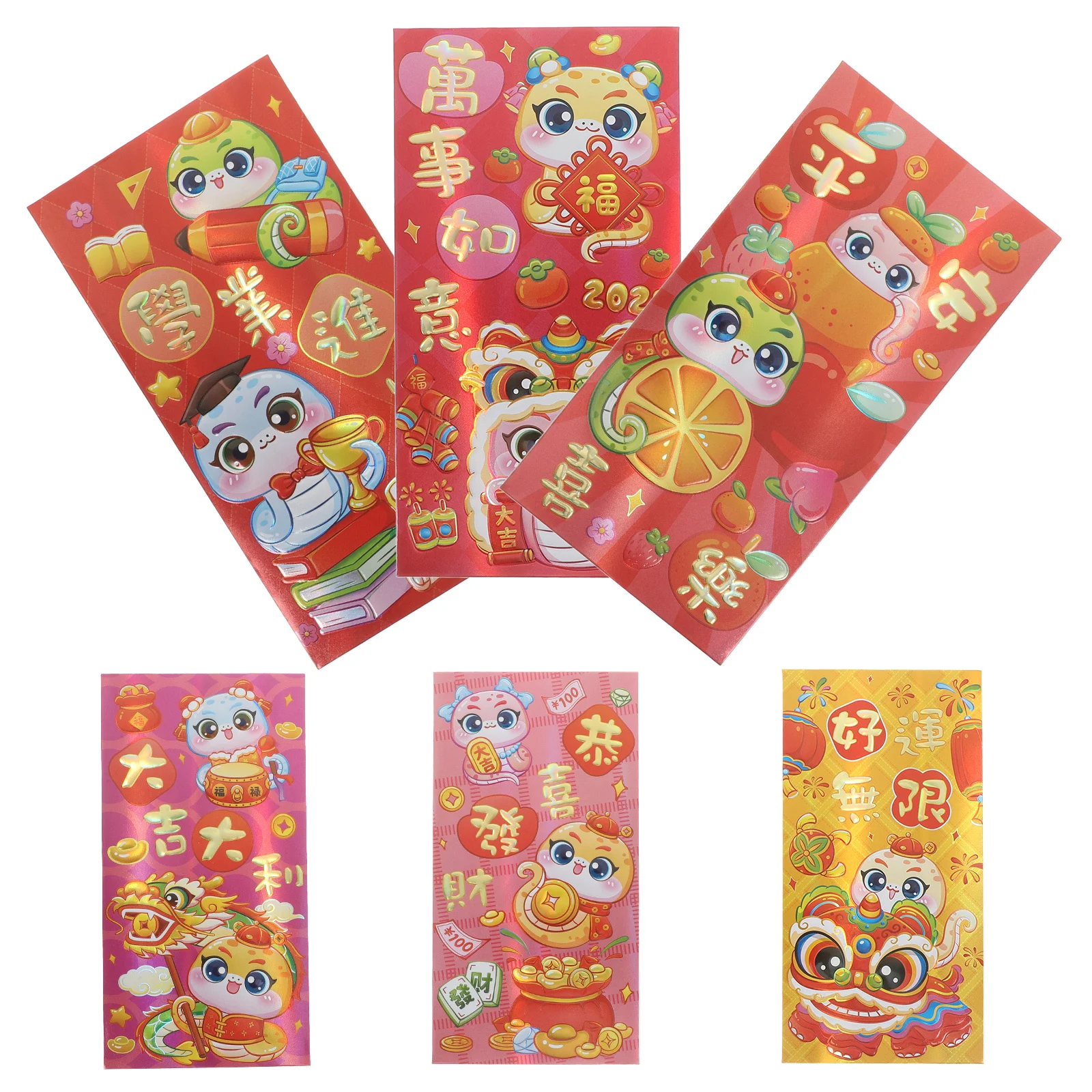 

6Pcs Decorative Chinese New Year Envelopes Snake Theme Vivid Hong Bao for Cash Gifts Cultural Festivals and Greetings