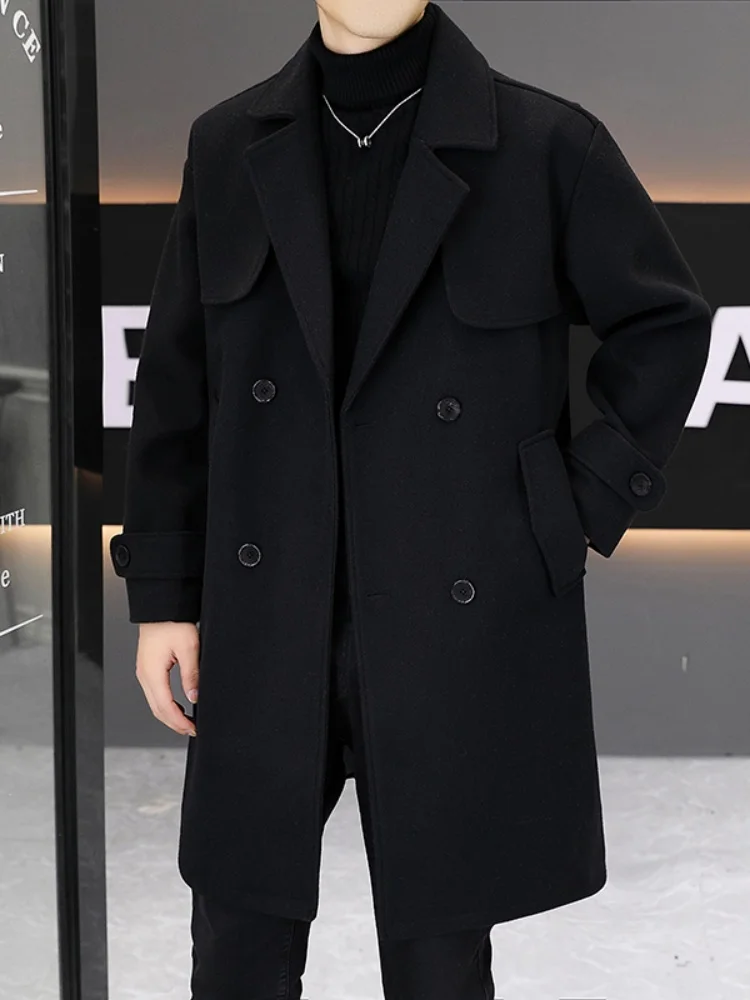 

Весенне-осеннее мужское шерстяное пальто, повседневное молодежное двубортное пальто с воротником средней длины, ветровка, верхняя одежда, модная K...